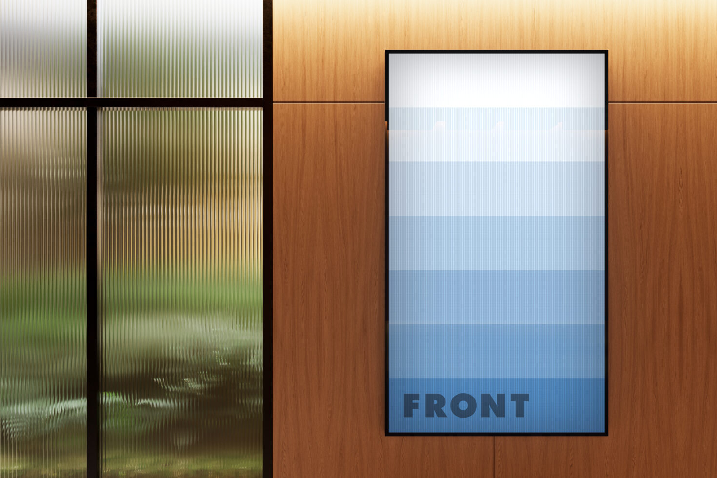 Wood storefront mockup with frosted glass doors showing blue gradient poster template