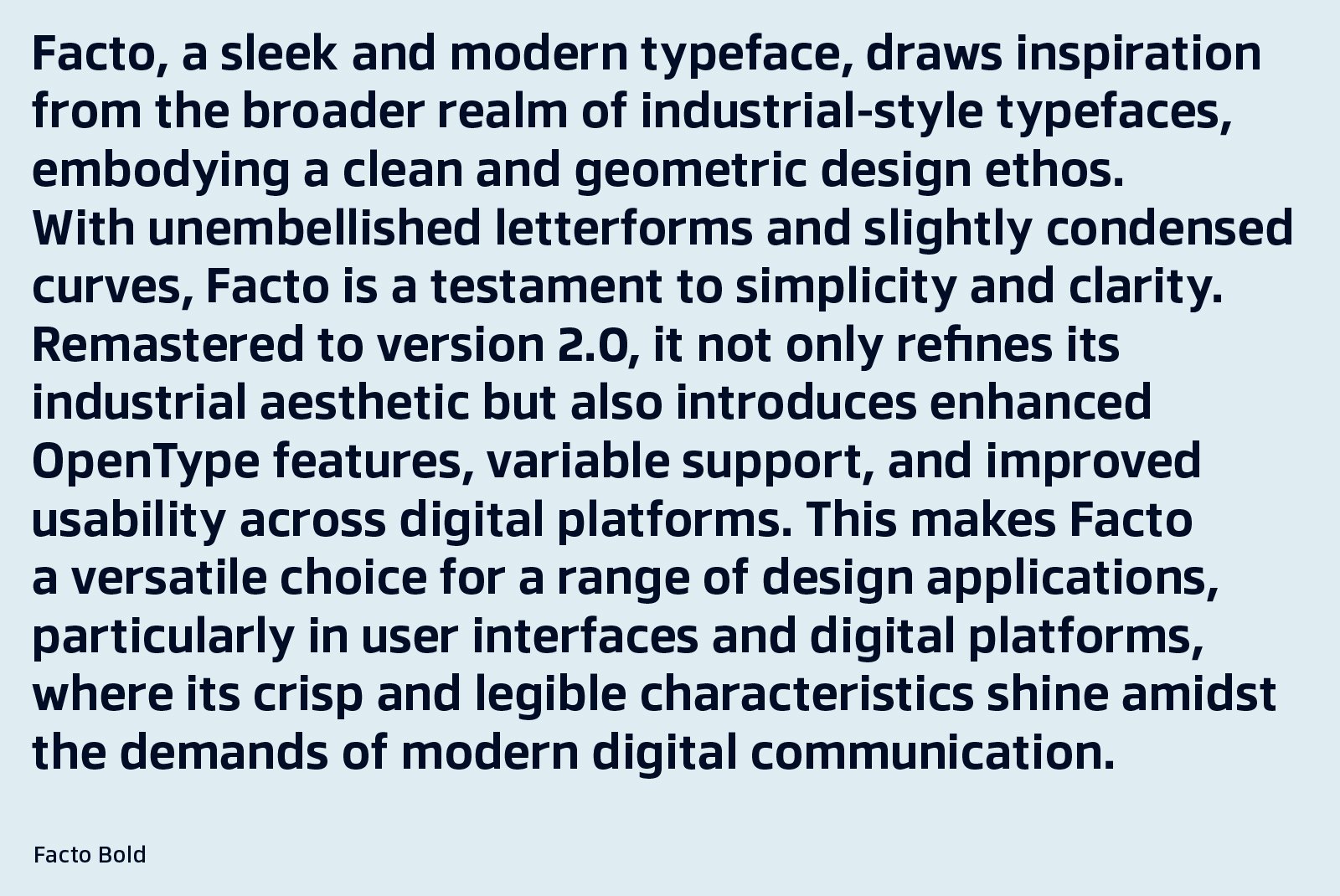 Facto Bold font showcased in a clean geometric design. Ideal for user interfaces templates and digital assets emphasizing simplicity and clarity.