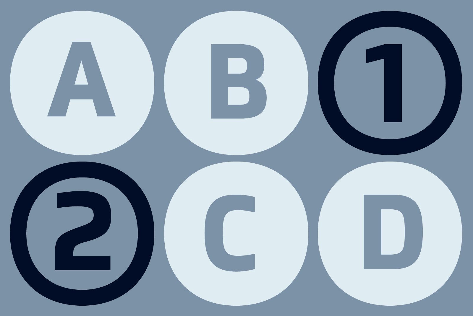 Minimalist design template featuring bold letters A B C D and numbers 1 2 in circular shapes, ideal for graphic design and typography projects.