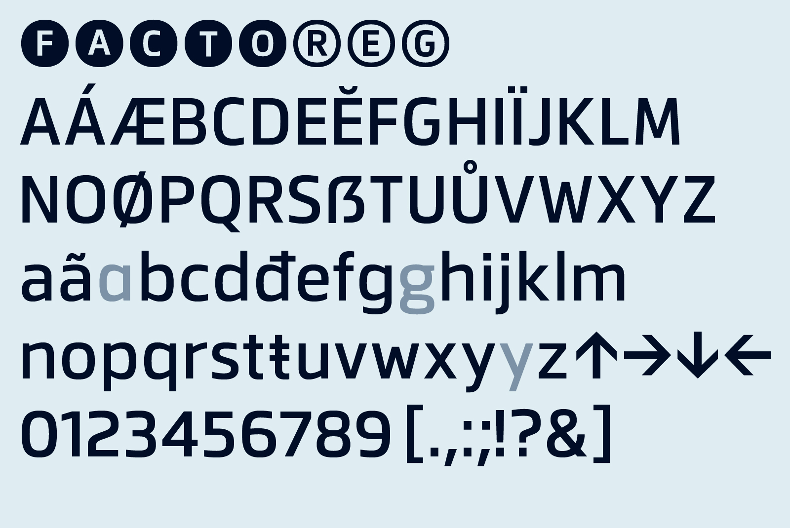 Modern sans-serif font sample with uppercase, lowercase, numbers, and symbols suitable for graphic design and typography projects.