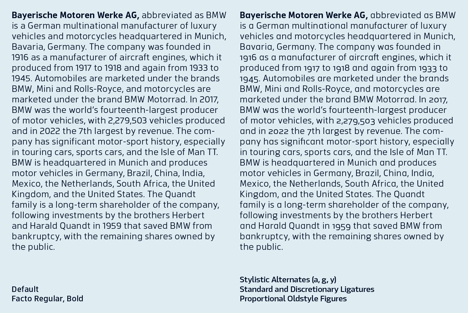 Text template showcasing BMW history in Facto Regular and Bold fonts with stylistic alternates and ligatures. Ideal for graphic designers' templates.