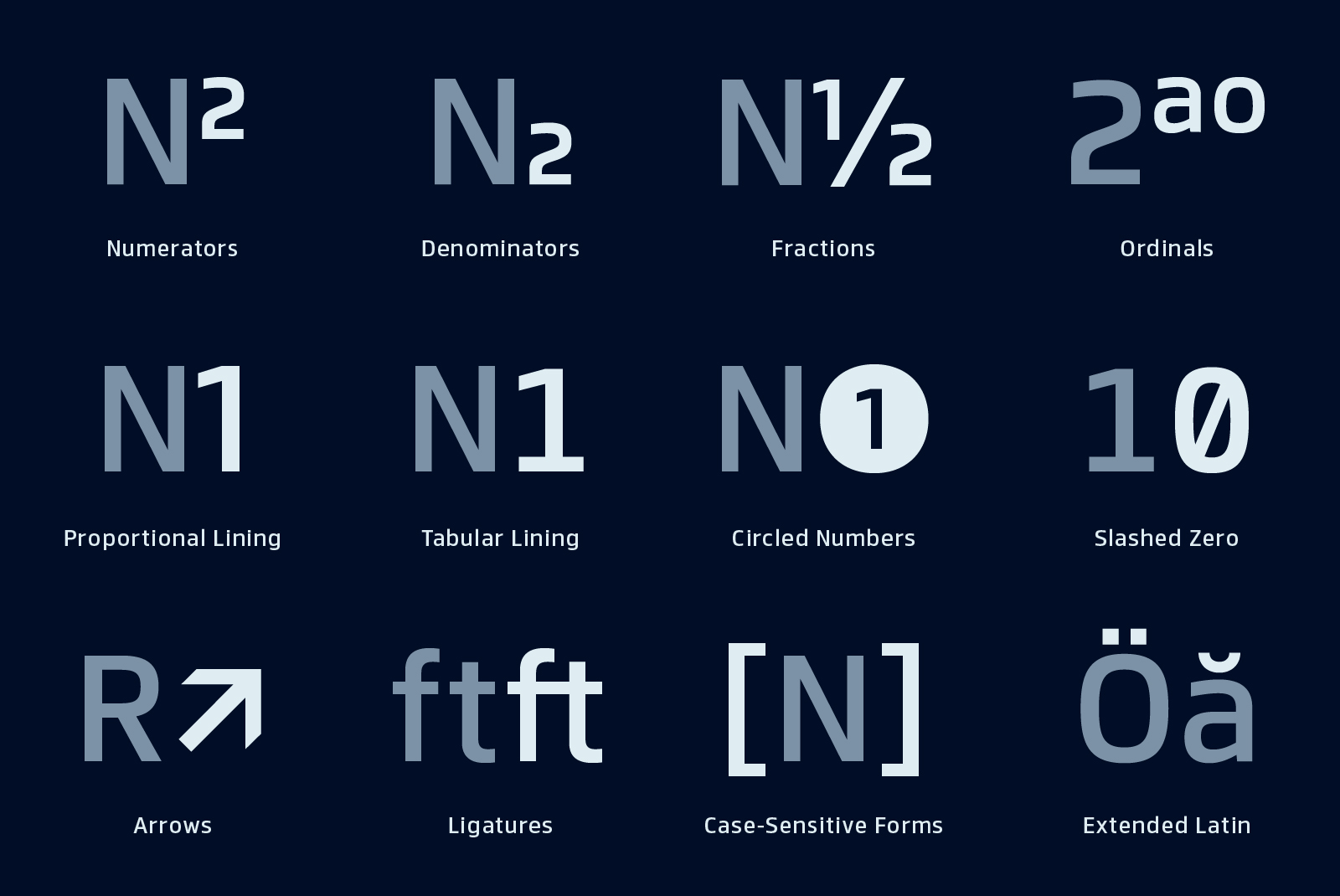 Font stylistics display with numerators, denominators, fractions, ordinals, ligatures, and more; ideal for typography designers seeking advanced text designs.