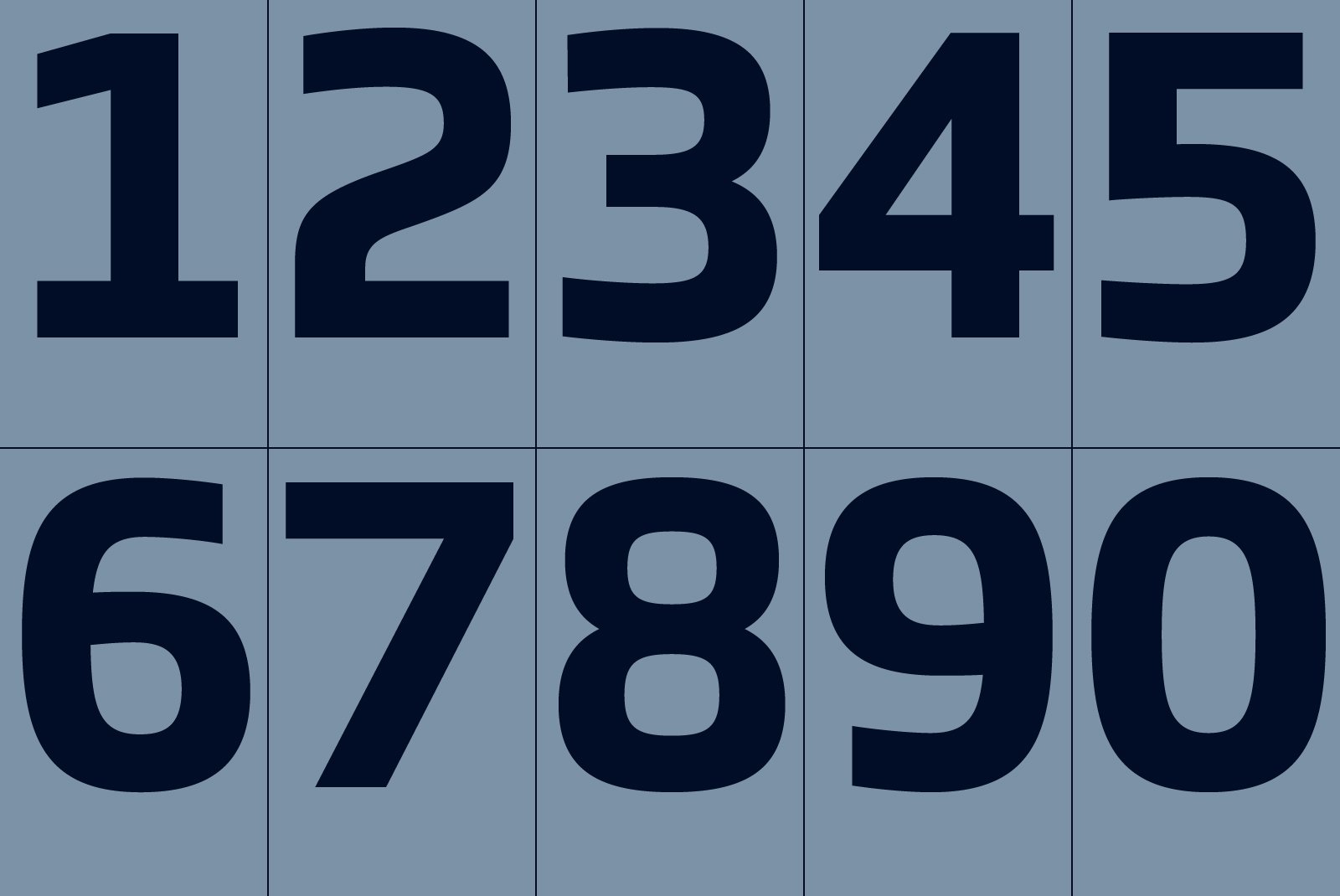 Bold sans-serif numbers 0-9 on a gray grid background ideal for font design digital assets typography templates or graphic design projects.
