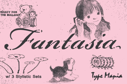 Fantasia font display on pink with retro girl illustration, animals, ready for the bullshit text, 3 stylistic sets