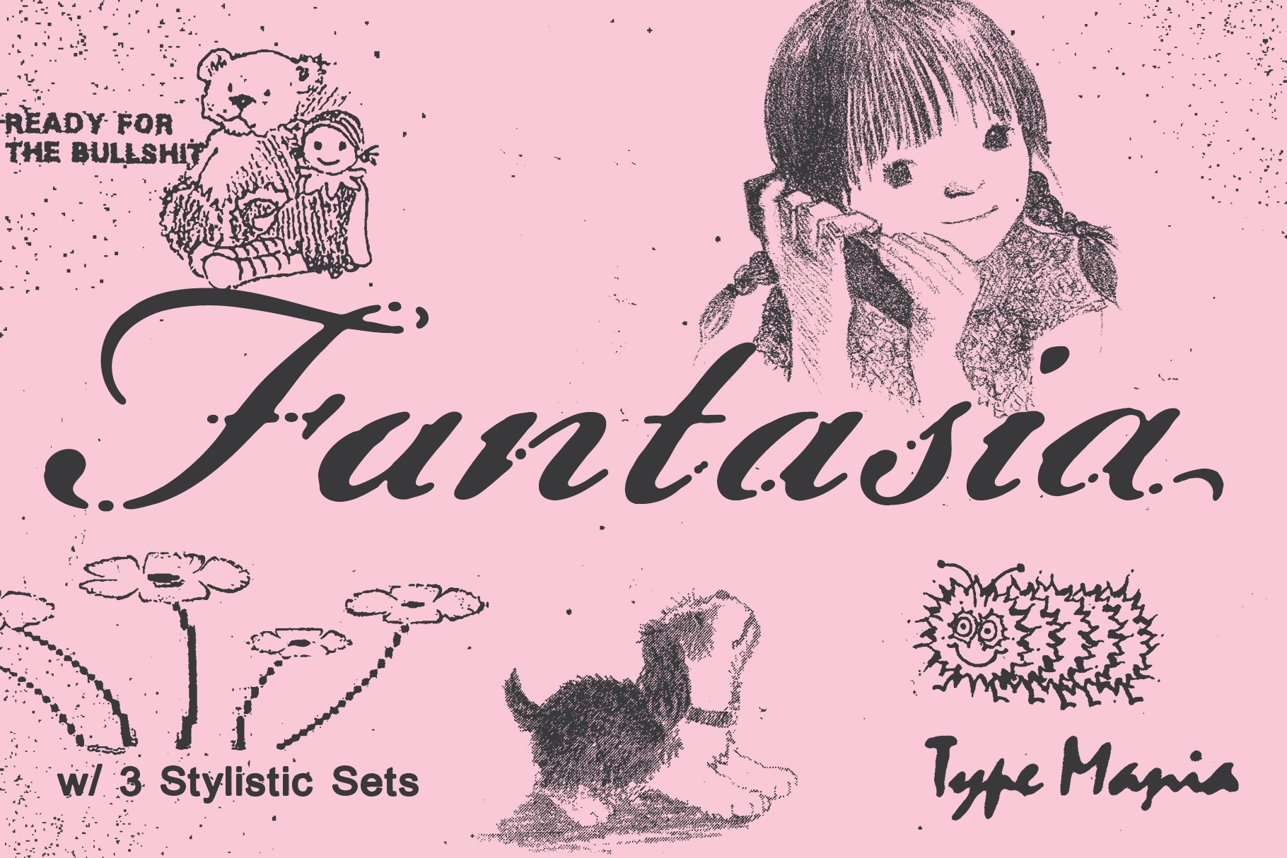 Pink graphic showcasing Fantasia font with 3 stylistic sets. Features illustrations of a girl, bear, doll, flowers, and dog. Ideal for creative design projects.