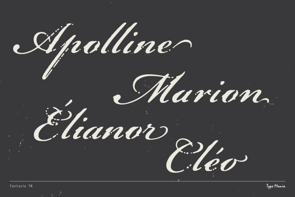Elegant calligraphy font specimen with cursive names Siphalline, Marion, Eleanor on dark background