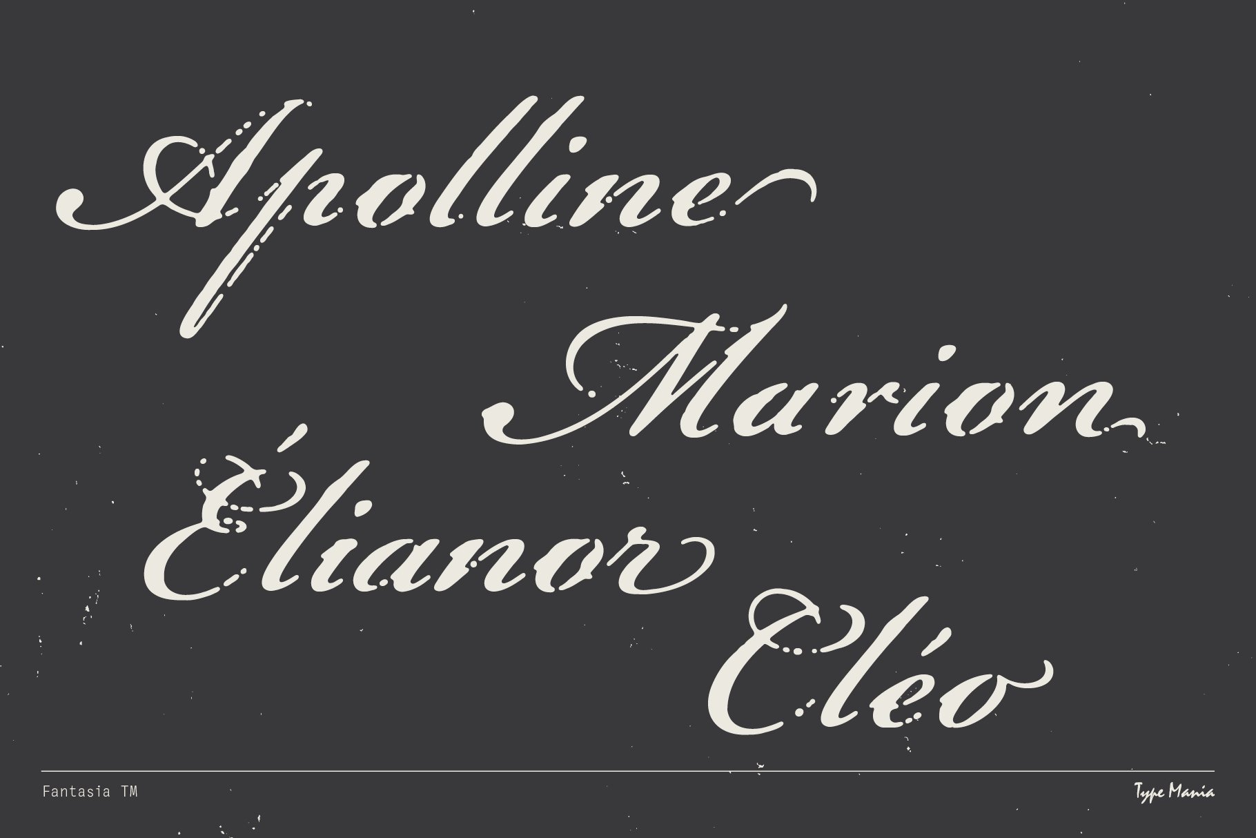 Elegant script font displaying names on a dark background. Suitable for graphic design and typography projects. Vintage style calligraphy.