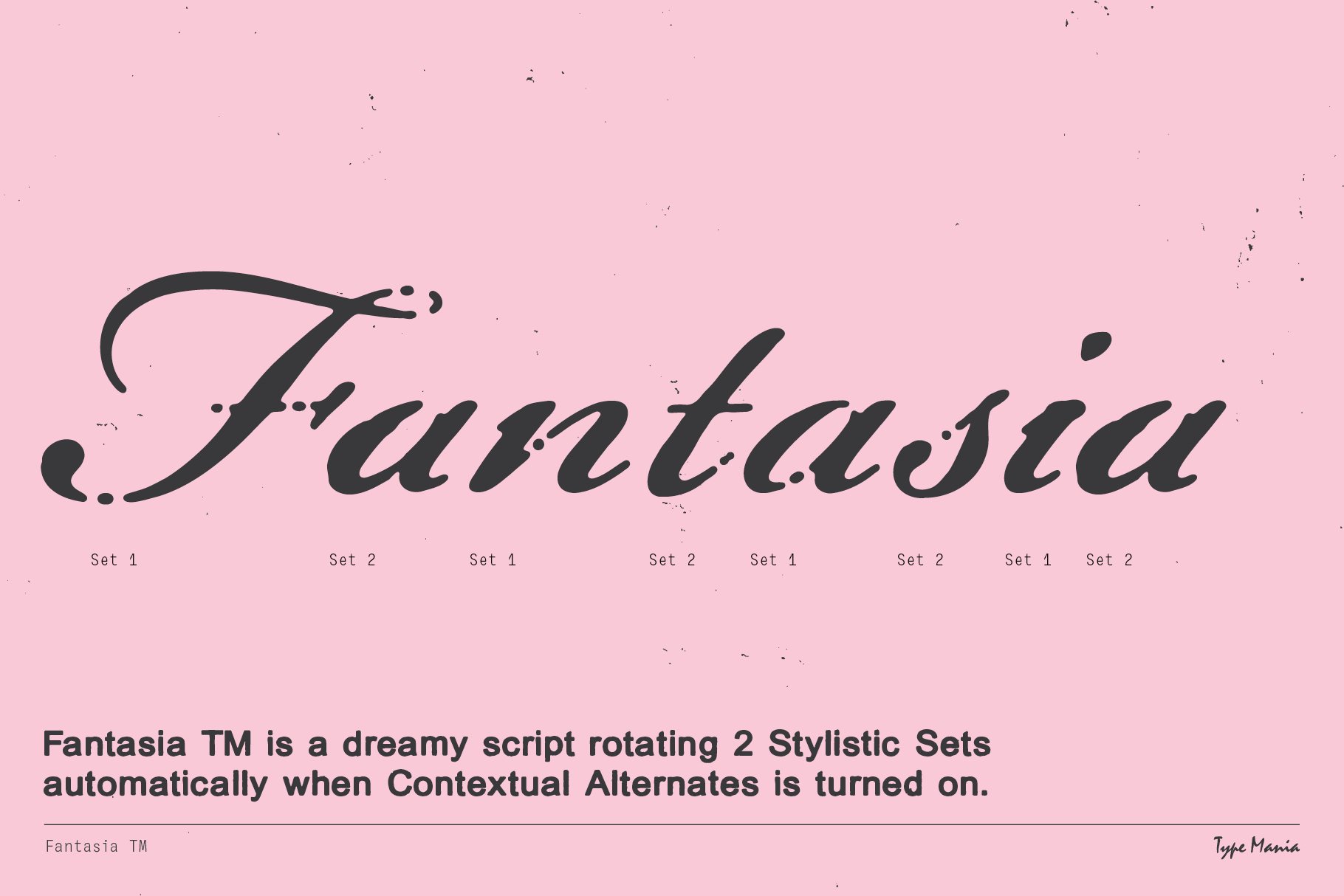 Elegant script font Fantasia TM with rotating stylistic sets on pink background; ideal for designers seeking unique, dreamy typeface graphics.