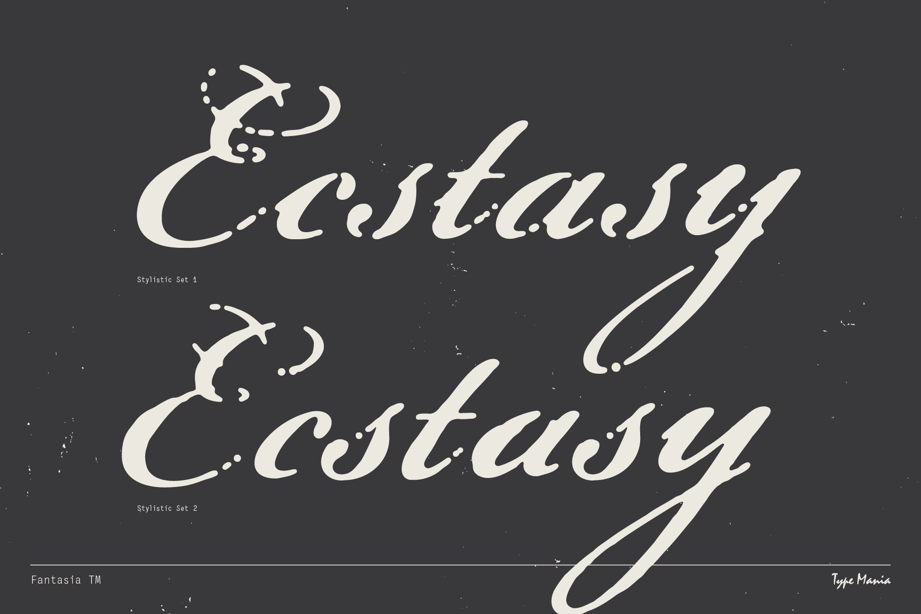 Elegant calligraphy font design featuring two stylized variations of the word Ecstasy on dark background perfect for typography and graphic designers