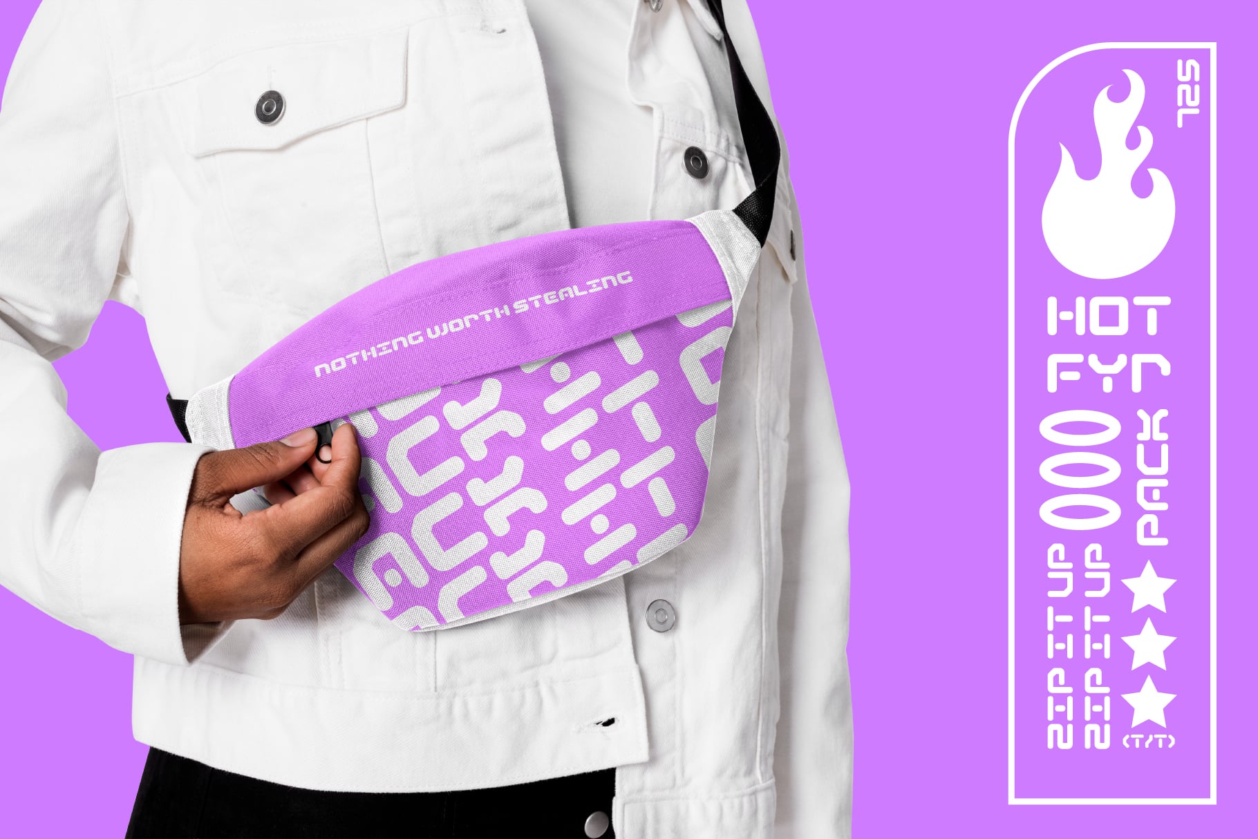 Person in white jacket holding bright purple fanny pack with geometric pattern design