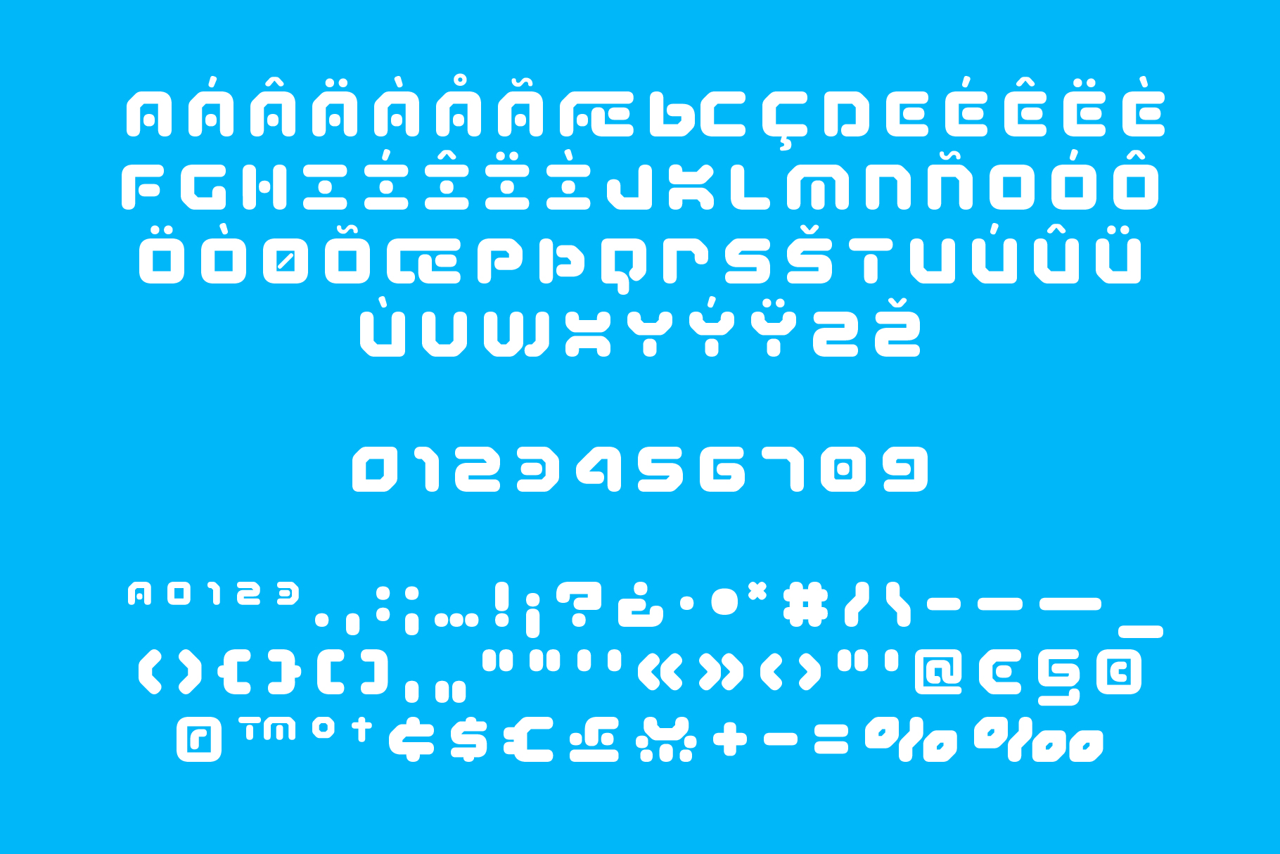 Bright cyan background shows uppercase alphabet with accents, numbers, symbols in white blocks