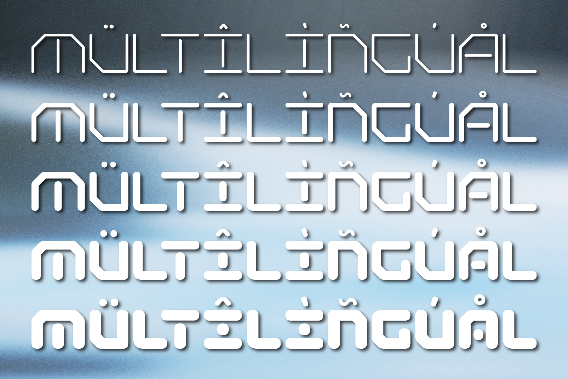 White outline font repeating multilingual word text displayed as stacked rows on gradient backdrop