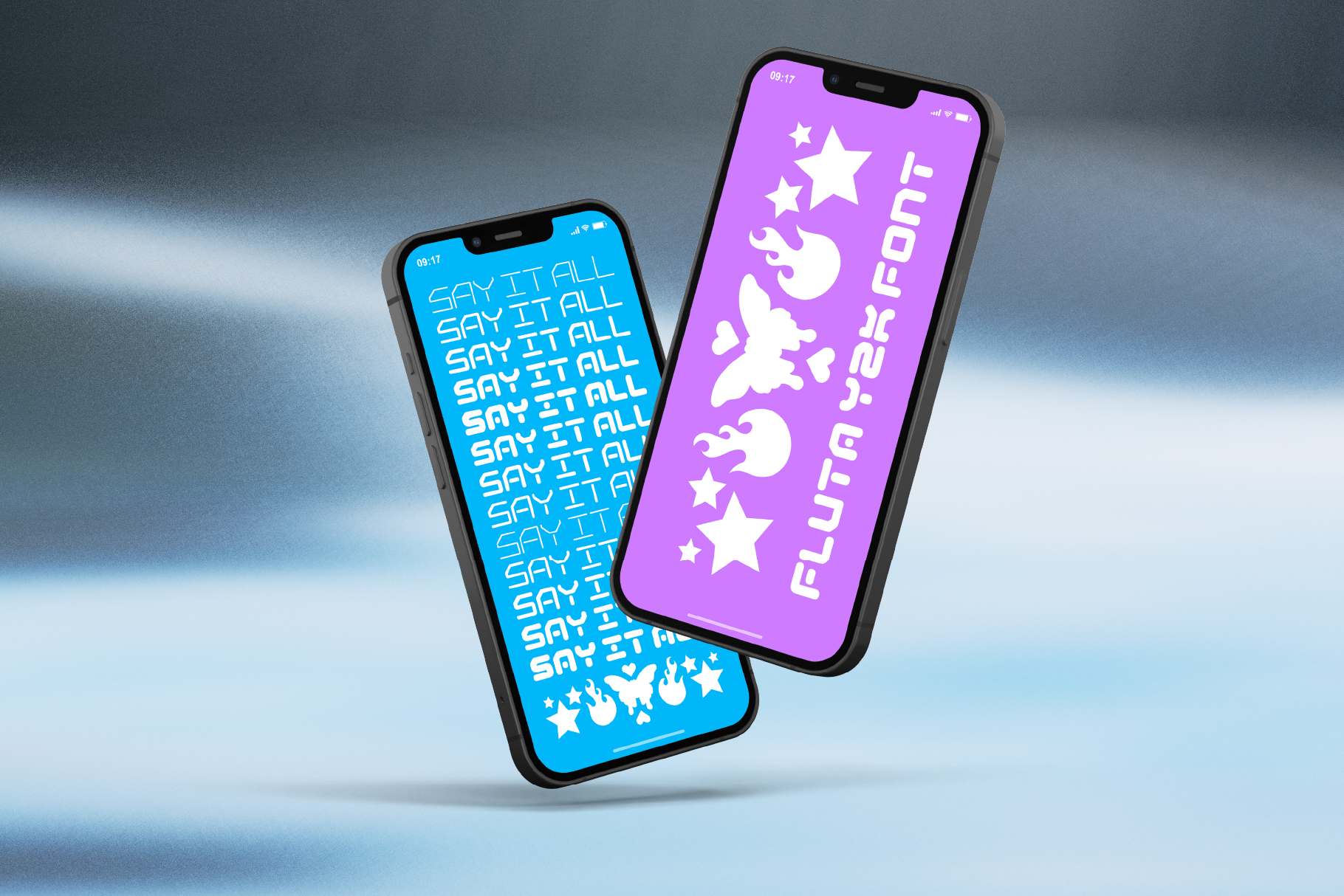 Two smartphone screens displaying contrasting blue purple backgrounds with white graphic elements