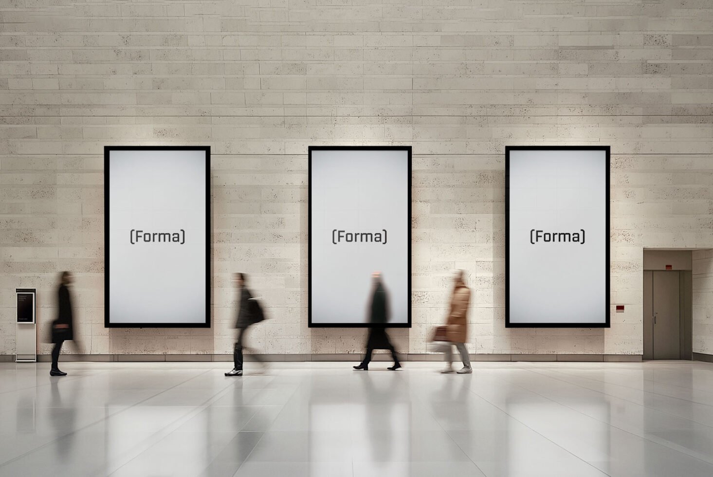 Modern gallery interior showcasing three large vertical posters on a neutral wall. Minimalist design mockup perfect for advertising or branding presentations.