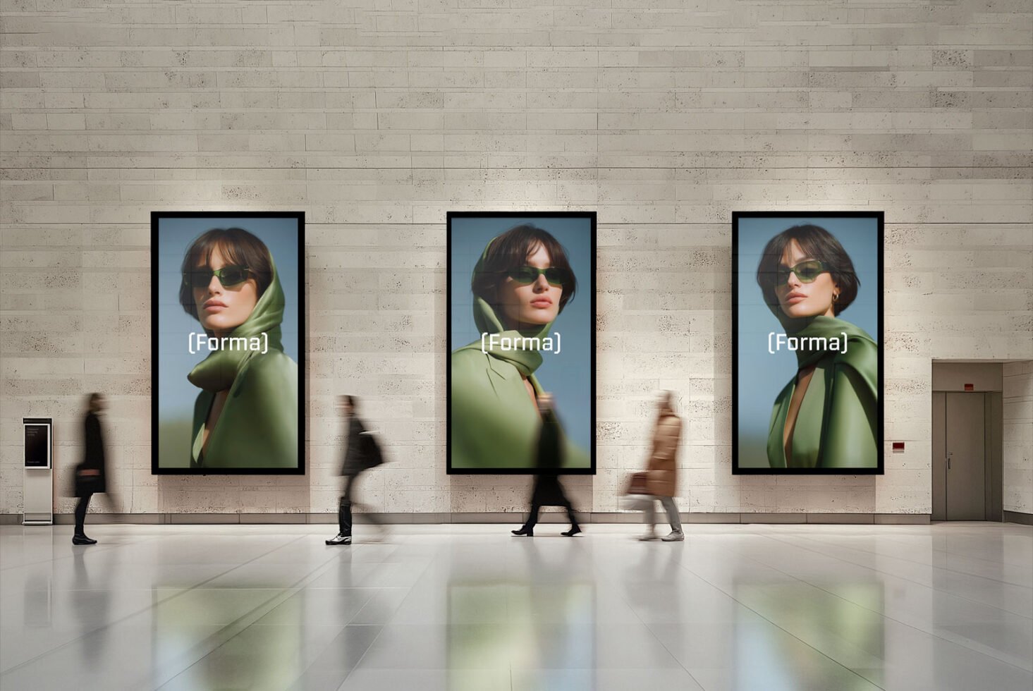 Three large digital display mockups on a wall featuring a woman in sunglasses and green attire. Suitable for advertising, graphic design, templates.
