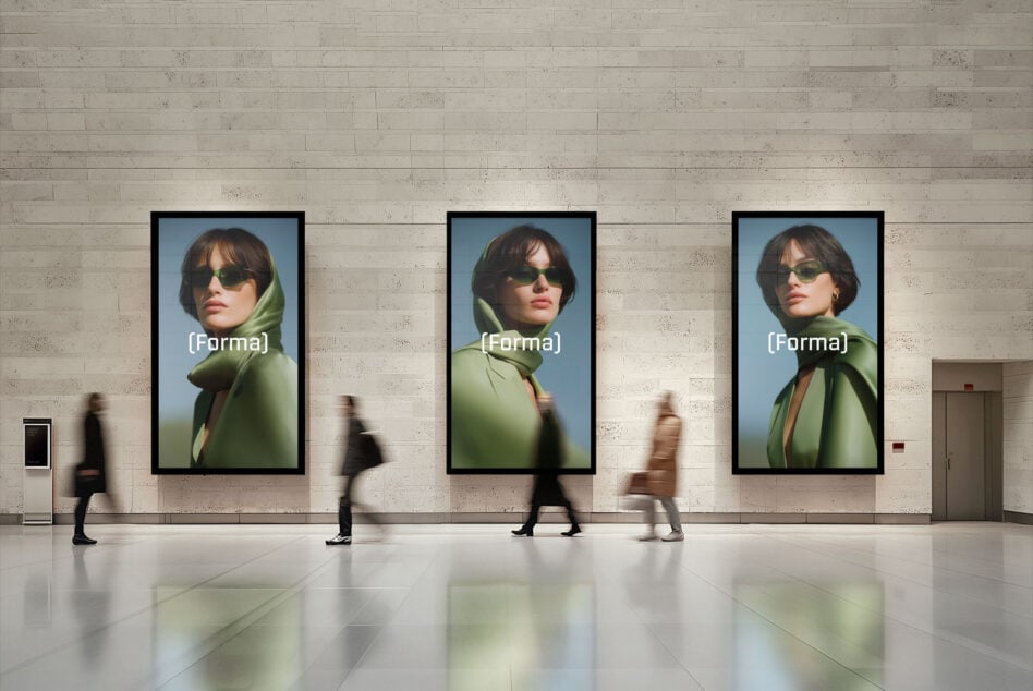 Three large digital display mockups on a wall featuring a woman in sunglasses and green attire. Suitable for advertising, graphic design, templates.
