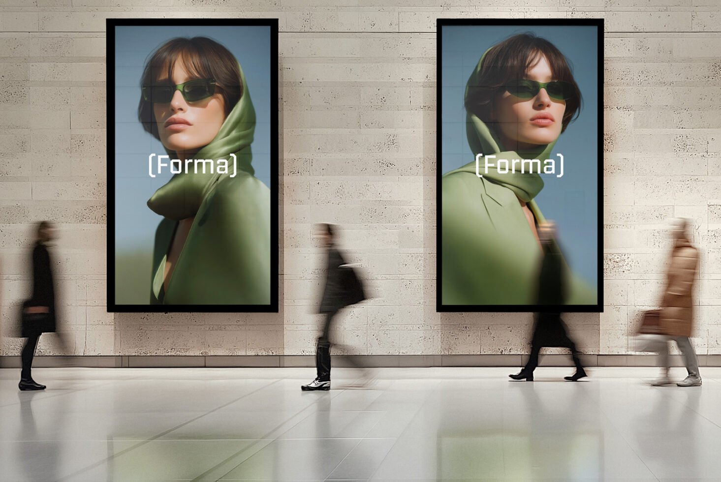 Indoor advertisement mockup featuring two large digital posters with a woman in green attire and sunglasses. Ideal for graphic design presentations.