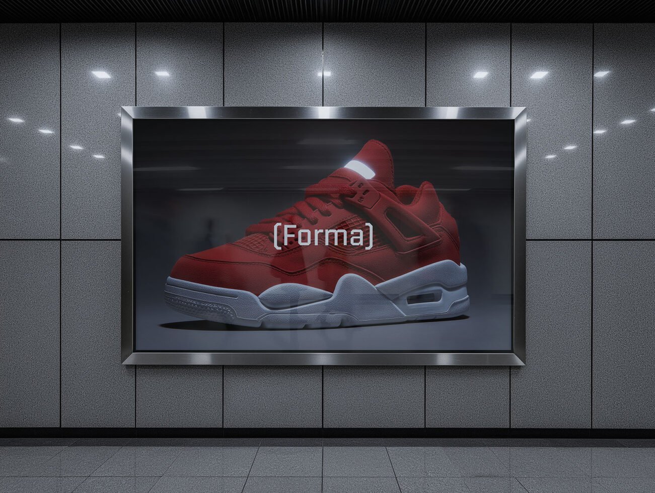 Red sneaker mockup displayed in a modern subway station. Perfect for designers seeking high-quality product presentation templates and advertising graphics.