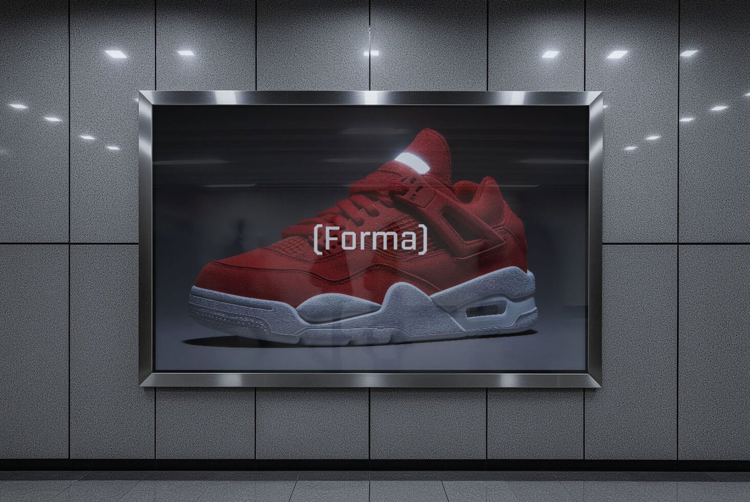 Red sneaker in a sleek poster mockup displayed on a metallic wall. Ideal for showcasing footwear designs for designers and graphic artists.