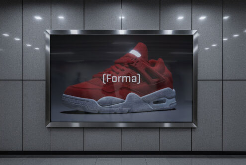 Red sneaker in a sleek poster mockup displayed on a metallic wall. Ideal for showcasing footwear designs for designers and graphic artists.