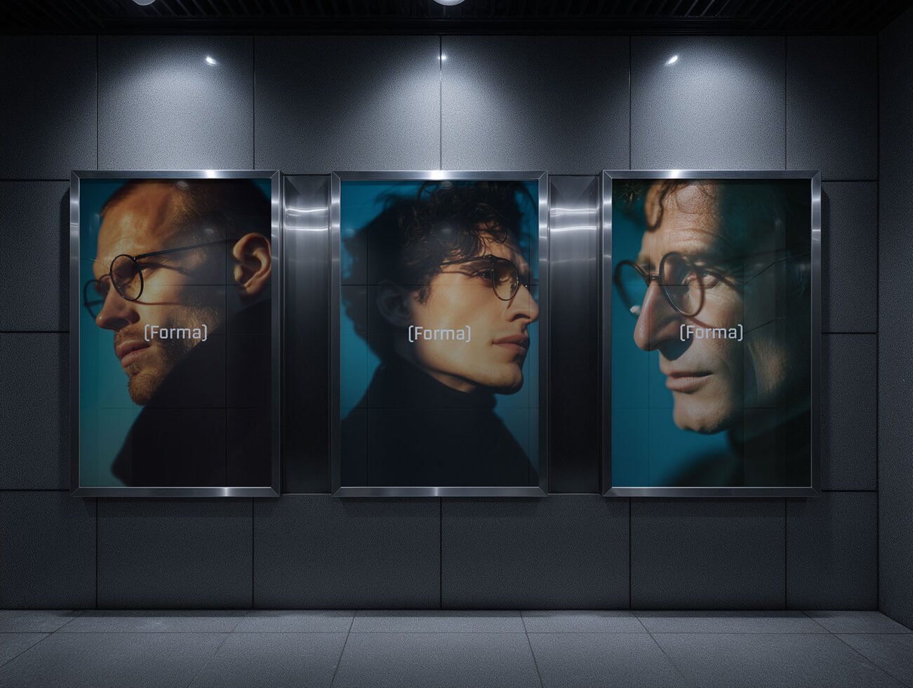 Three portrait posters showcasing men with glasses in a sleek subway setting. Perfect for graphic design, templates, and mockup displays.