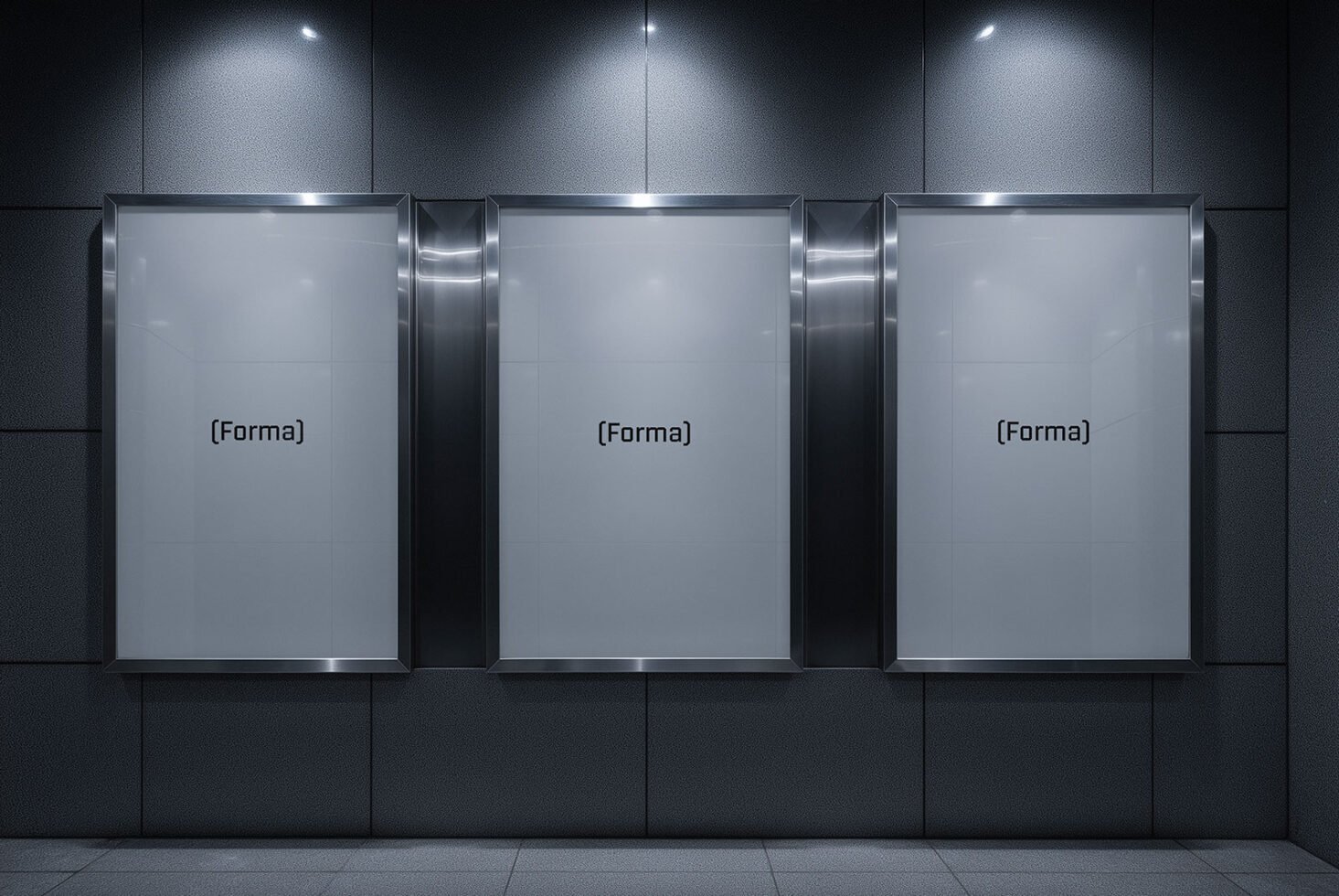 Three blank poster templates on a dark wall in a modern setting, minimalist design for mockups, ideal for showcasing graphics or advertising assets.