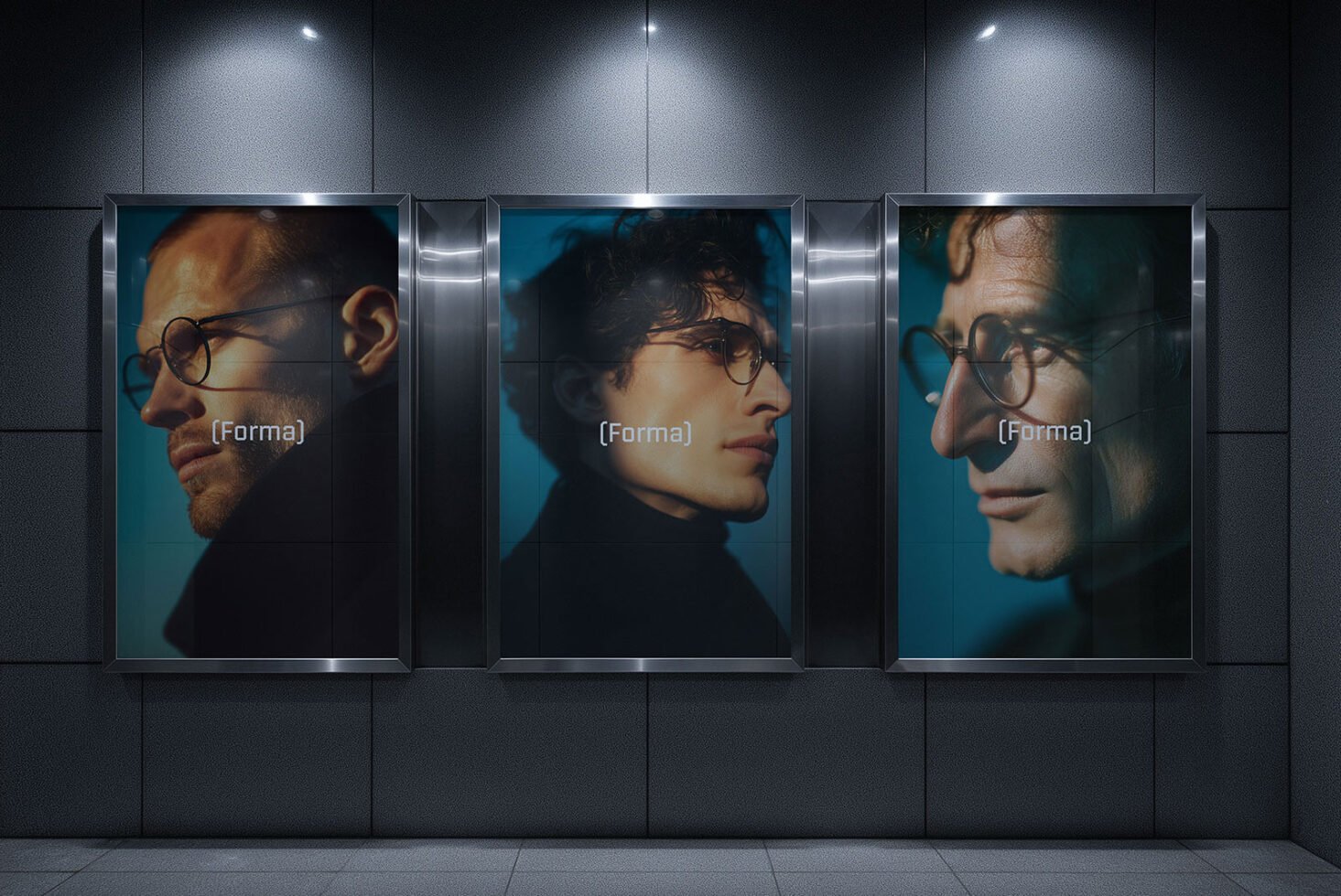 Three backlit posters of men wearing glasses labeled Forma in a modern gallery setting ideal for branding mockups designer inspiration visual layouts.