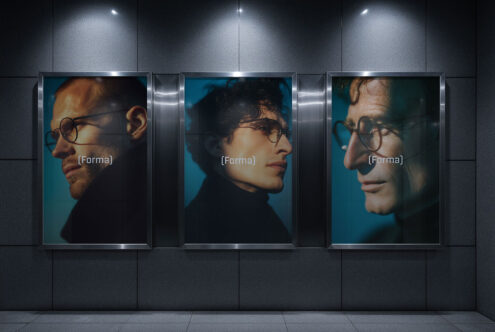Three backlit posters of men wearing glasses labeled Forma in a modern gallery setting ideal for branding mockups designer inspiration visual layouts.