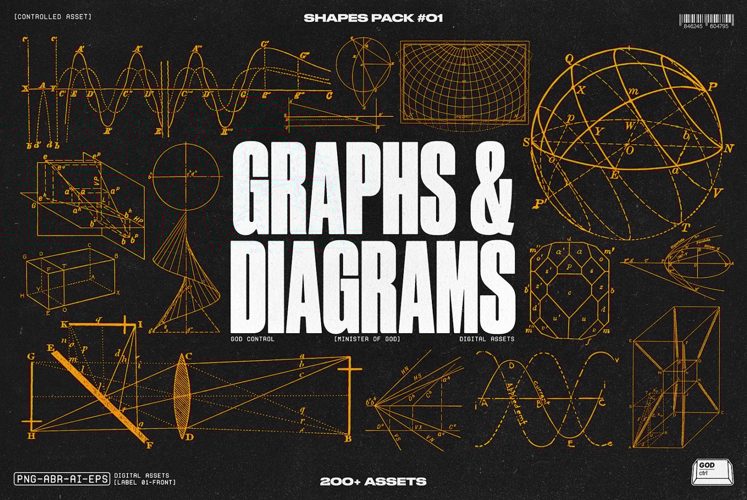 Graphs and diagrams shapes collection for designers. Includes PNG ABR AI EPS formats. Ideal for templates, mockups, graphics. 200 plus digital assets.