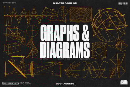 Graphs and diagrams shapes collection for designers. Includes PNG ABR AI EPS formats. Ideal for templates, mockups, graphics. 200 plus digital assets.