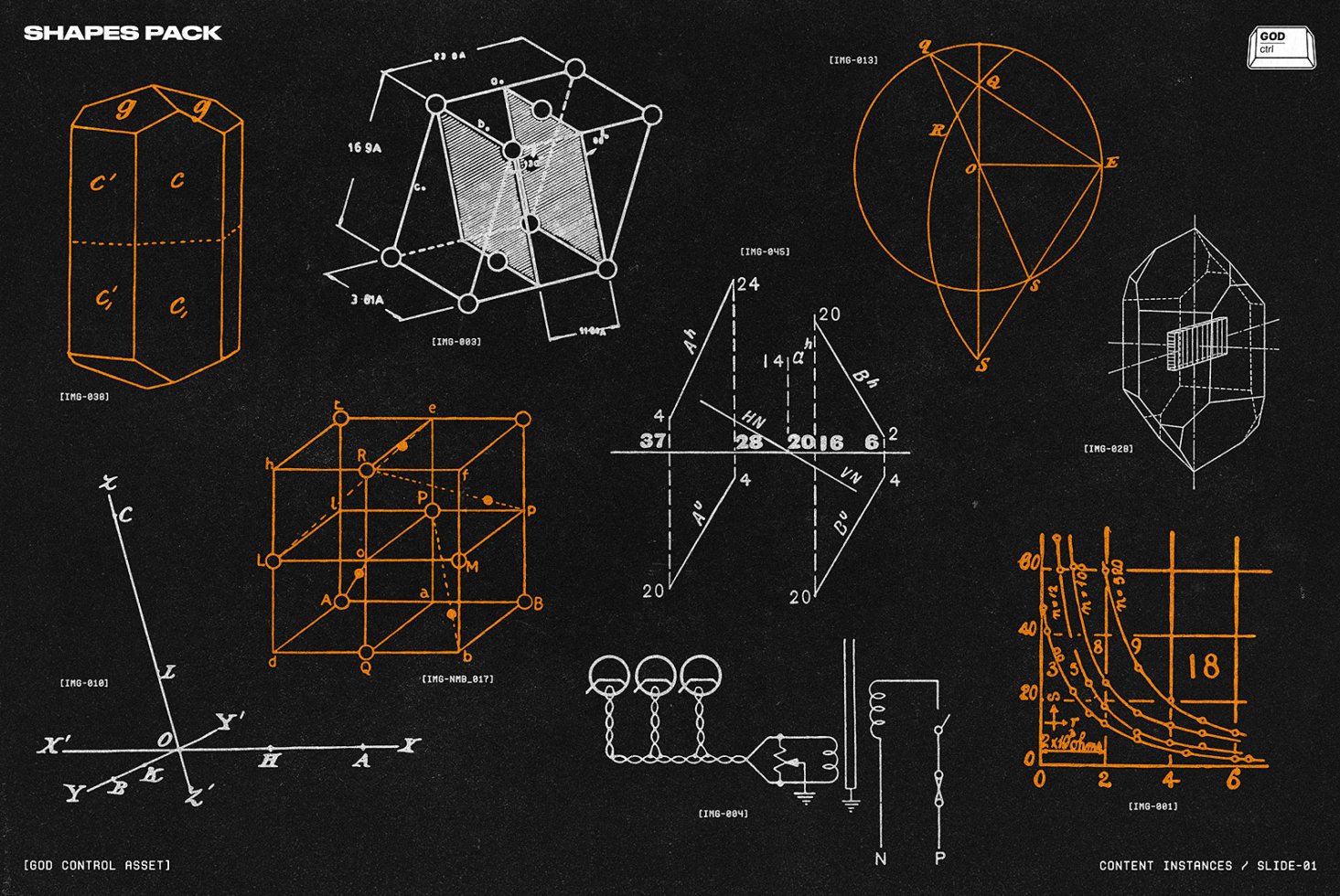 Geometric shapes pack on a dark background featuring technical diagrams and blueprints geometric elements for designers in digital assets marketplace.