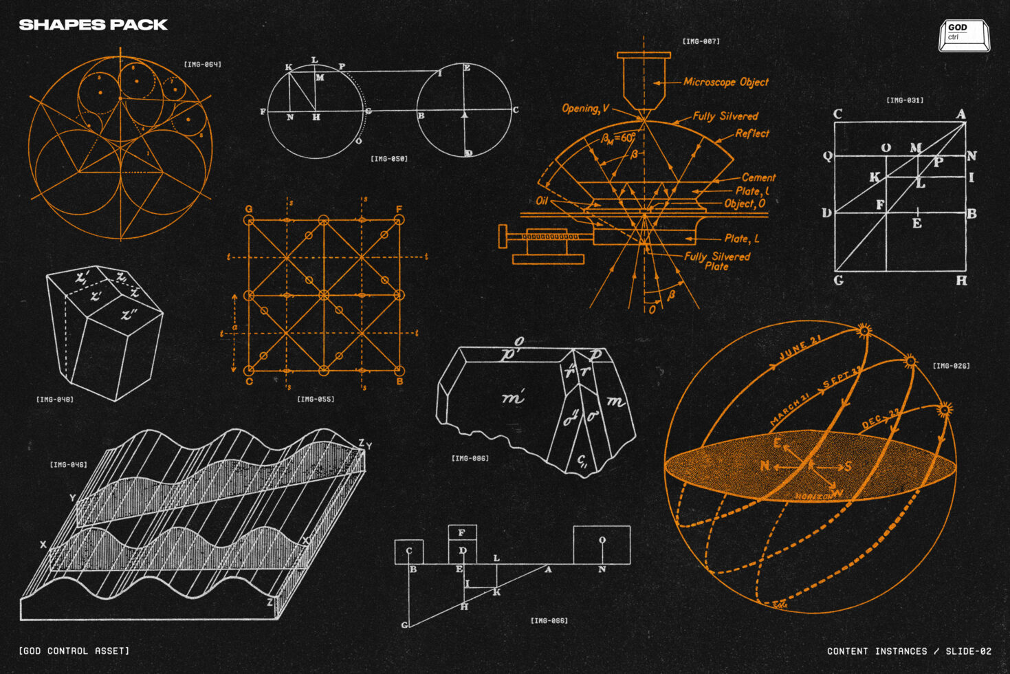 Geometric shapes and technical diagrams on black background suitable for graphics. Includes circles, squares, and lines. Keywords: geometry, design, vector.
