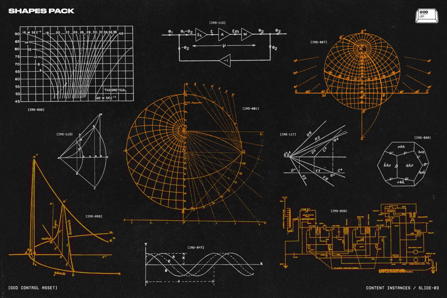 Technical schematics and geometric diagrams in orange and white. Suitable for graphic design templates, engineering mockups, and educational graphics.