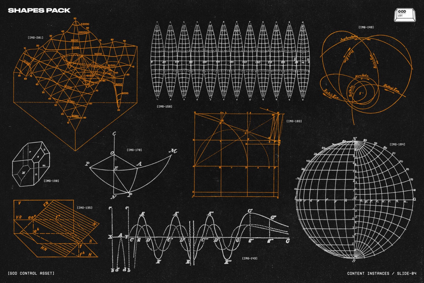 Geometric shapes pack featuring technical diagrams in white and orange on black background ideal for graphics mockups templates digital assets designers
