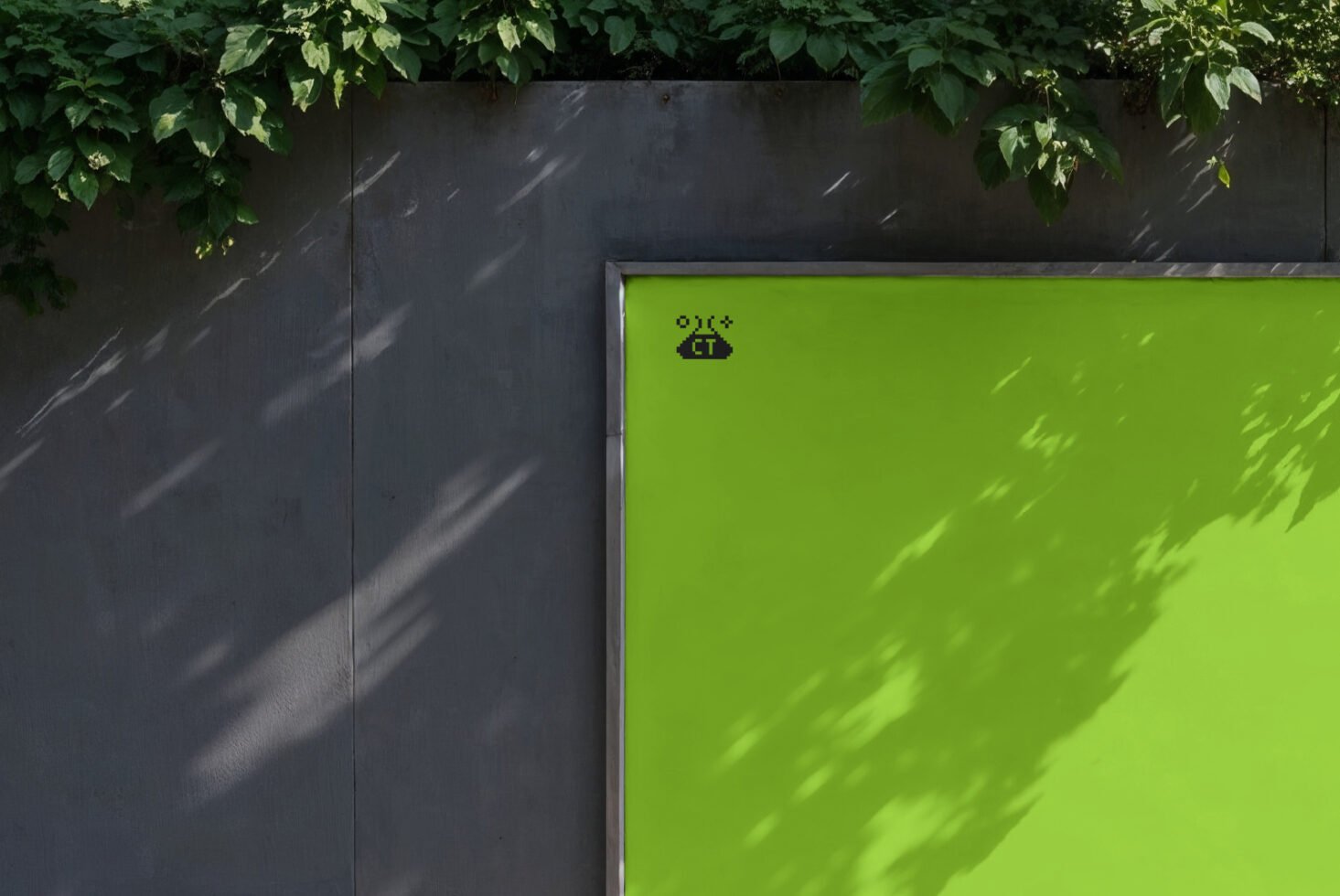 Green door in urban setting with leafy shadows and concrete wall. Perfect for mockup templates and graphic design assets. Modern minimal architecture.