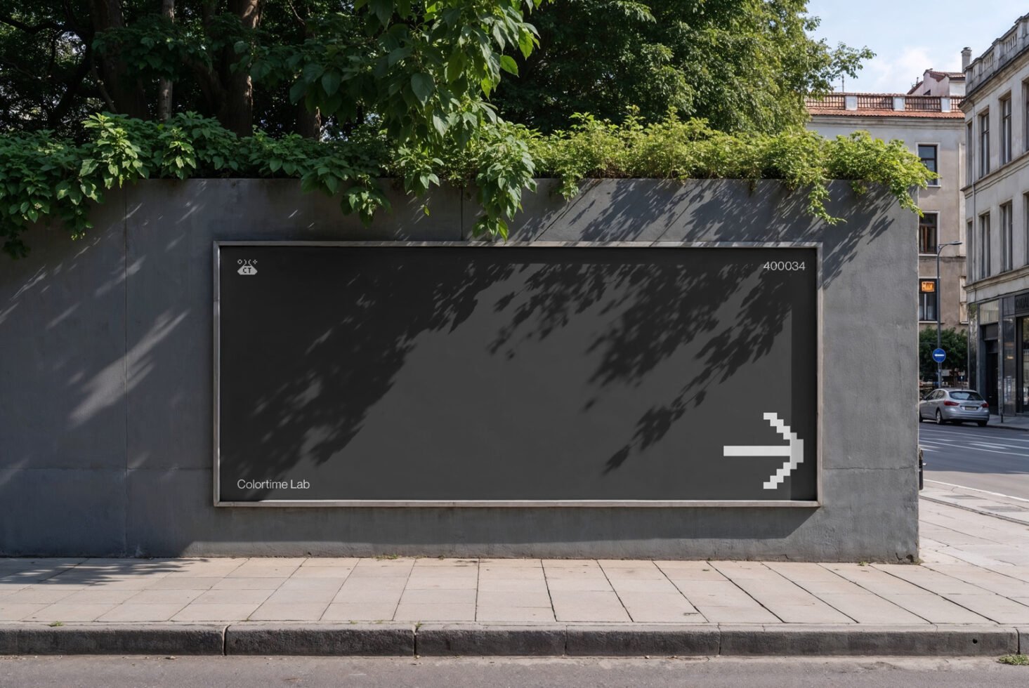 Outdoor billboard mockup in urban setting with greenery. Blank dark canvas with pixelated arrow. Ideal for advertising design and graphic presentations.