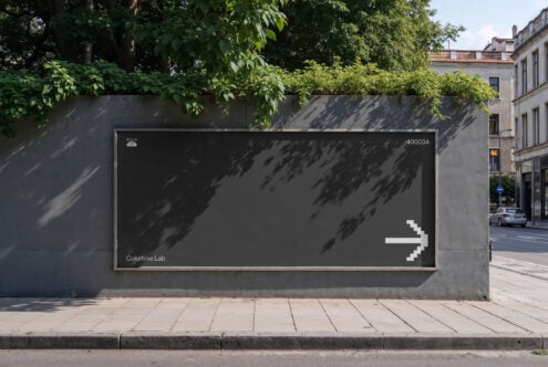 Outdoor billboard mockup in urban setting with greenery. Blank dark canvas with pixelated arrow. Ideal for advertising design and graphic presentations.