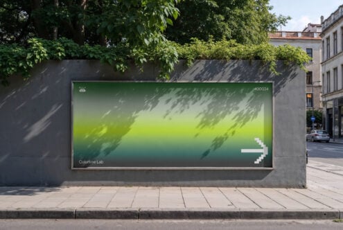 Outdoor billboard mockup featuring a colorful gradient graphic with pixel arrow. Ideal for design presentations. Street setting in urban environment.