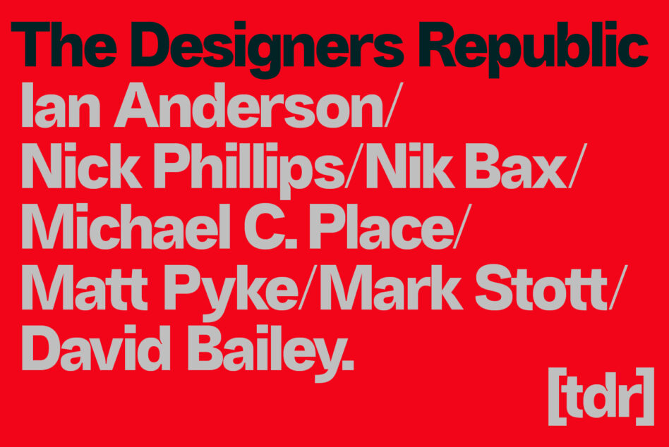 Red poster listing designers' names in black, white, gray text
