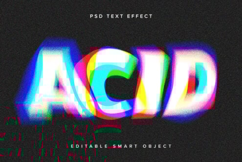 Colorful distorted text effect PSD showcasing Acid text design for designers. Editable smart object perfect for graphics and templates. Vibrant glitch style.