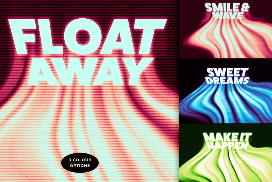 Retro neon float away text effect with 3 color options in pink, blue, green