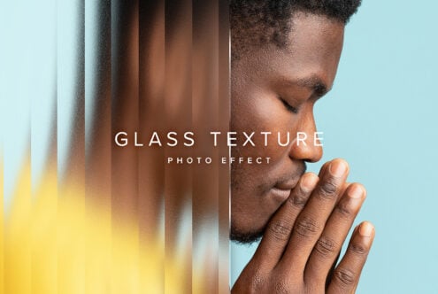 Glass texture photo effect template featuring a praying man against a blue background. Ideal for designers seeking unique graphic mockups and textures.