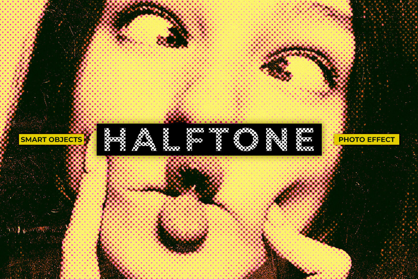Halftone photo effect for Photoshop featuring playful facial expression. Ideal for designers seeking retro pop art styles. Perfect addition to graphics.