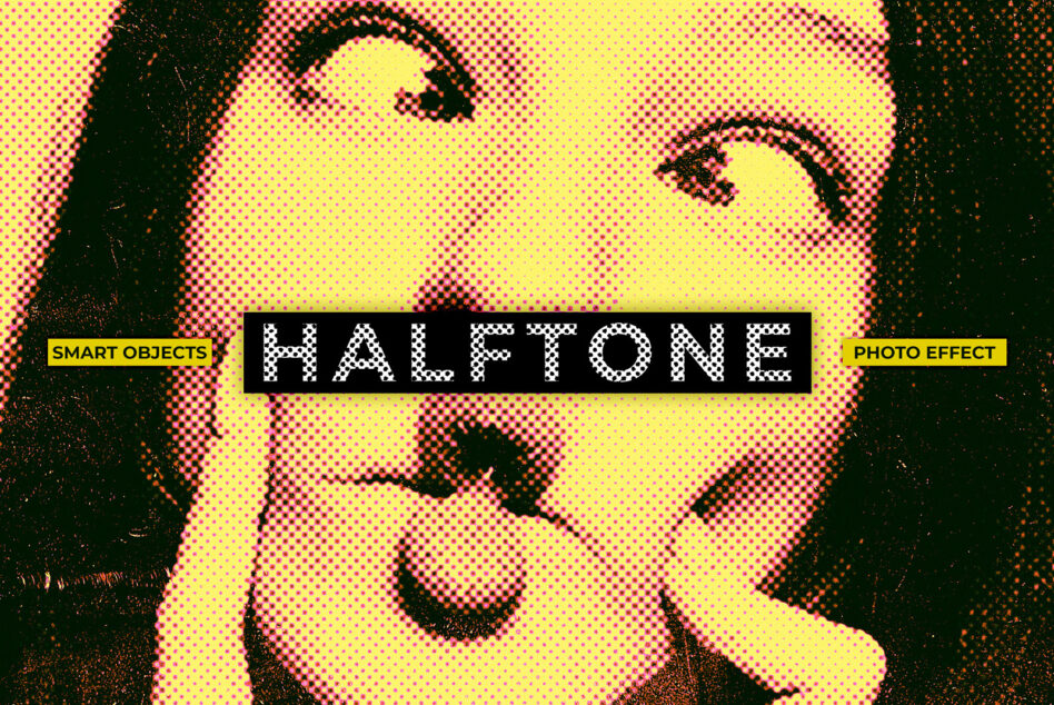 Halftone photo effect with yellow dots, red, green on portrait photo