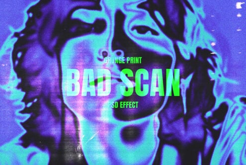 Grunge print design bad scan PSD effect featuring distorted blue-toned portrait ideal for graphic templates edgy designer assets visual creativity