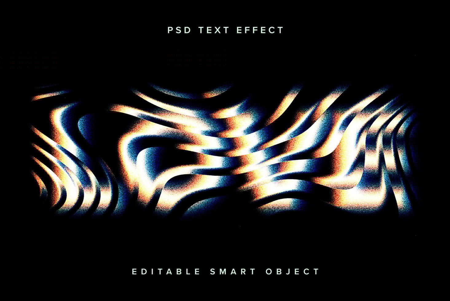 Abstract wavy distorted PSD text effect template with vibrant gradients and editable smart object. Perfect for designing eye-catching graphics.