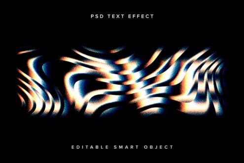 Abstract wavy distorted PSD text effect template with vibrant gradients and editable smart object. Perfect for designing eye-catching graphics.