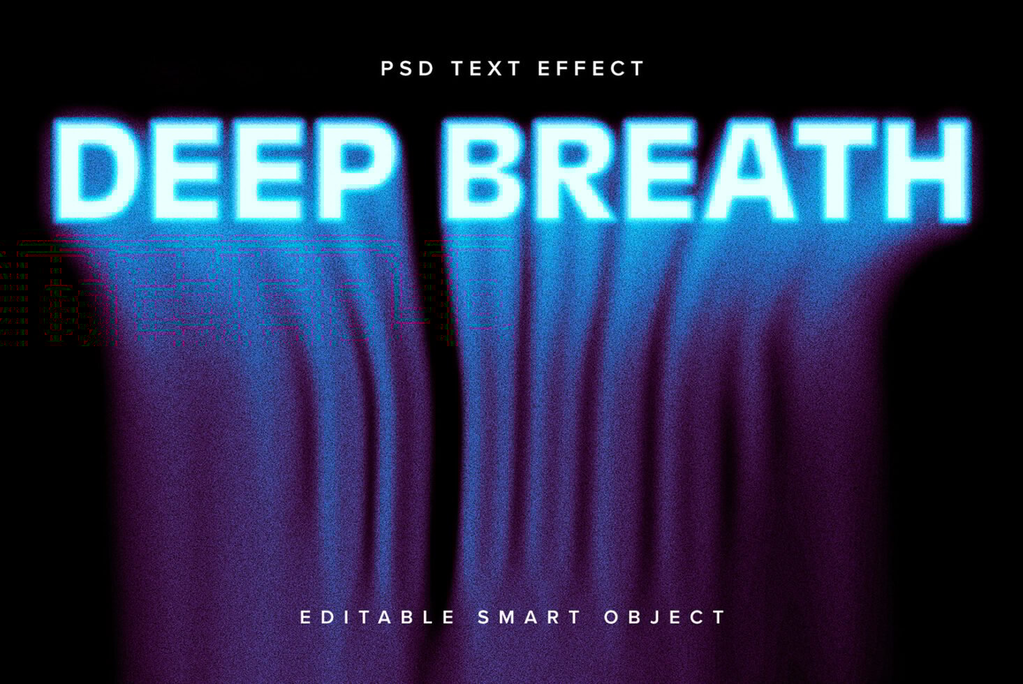 Blue neon PSD text effect reading Deep Breath with editable smart object. Ideal for designers seeking modern typography for digital assets and templates.