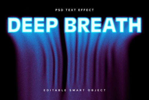 Blue neon PSD text effect reading Deep Breath with editable smart object. Ideal for designers seeking modern typography for digital assets and templates.