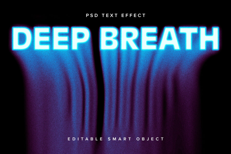 Bright cyan neon text spelling Deep Breath with glowing halo effect on black